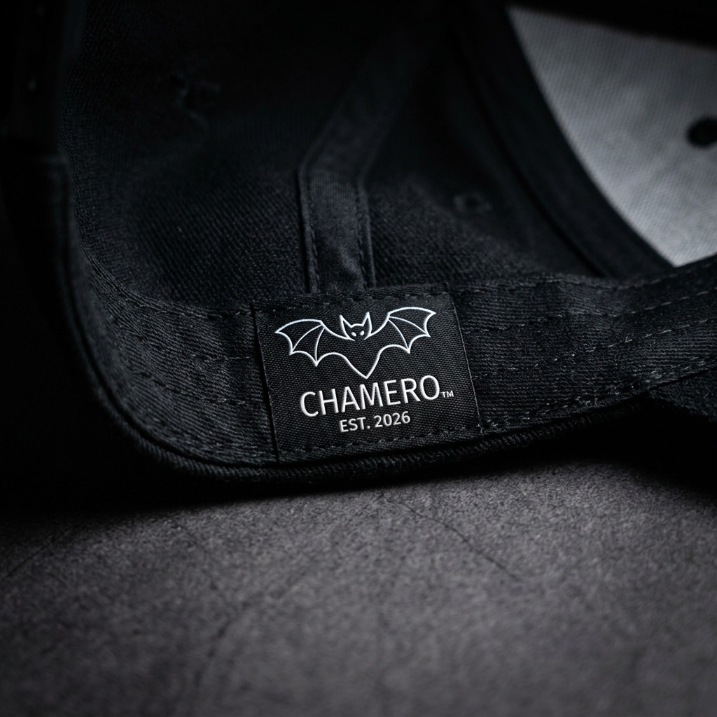 Chamero cap inside label — Chamero logo and CHAMERO EST. 2026 text on woven tag