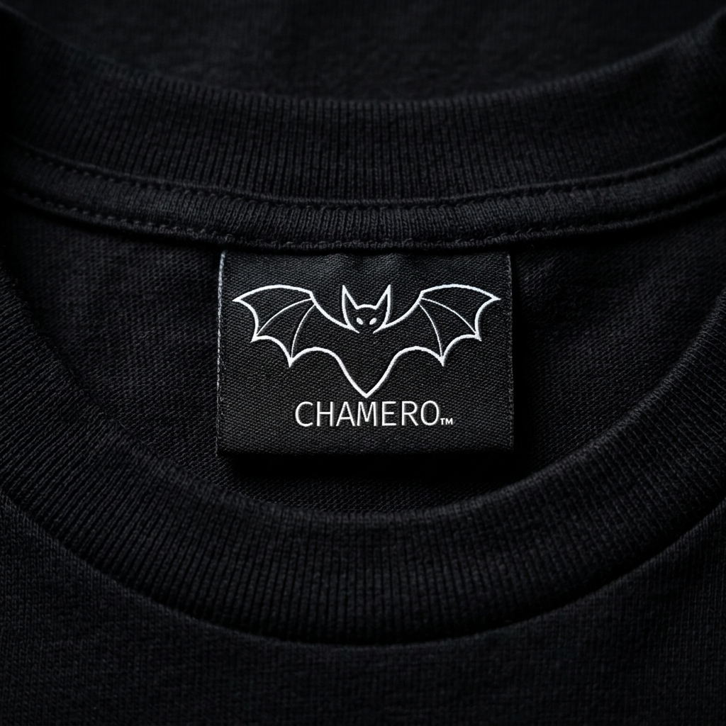 Chamero internal neck label — black woven tag with white Chamero outline and CHAMERO text