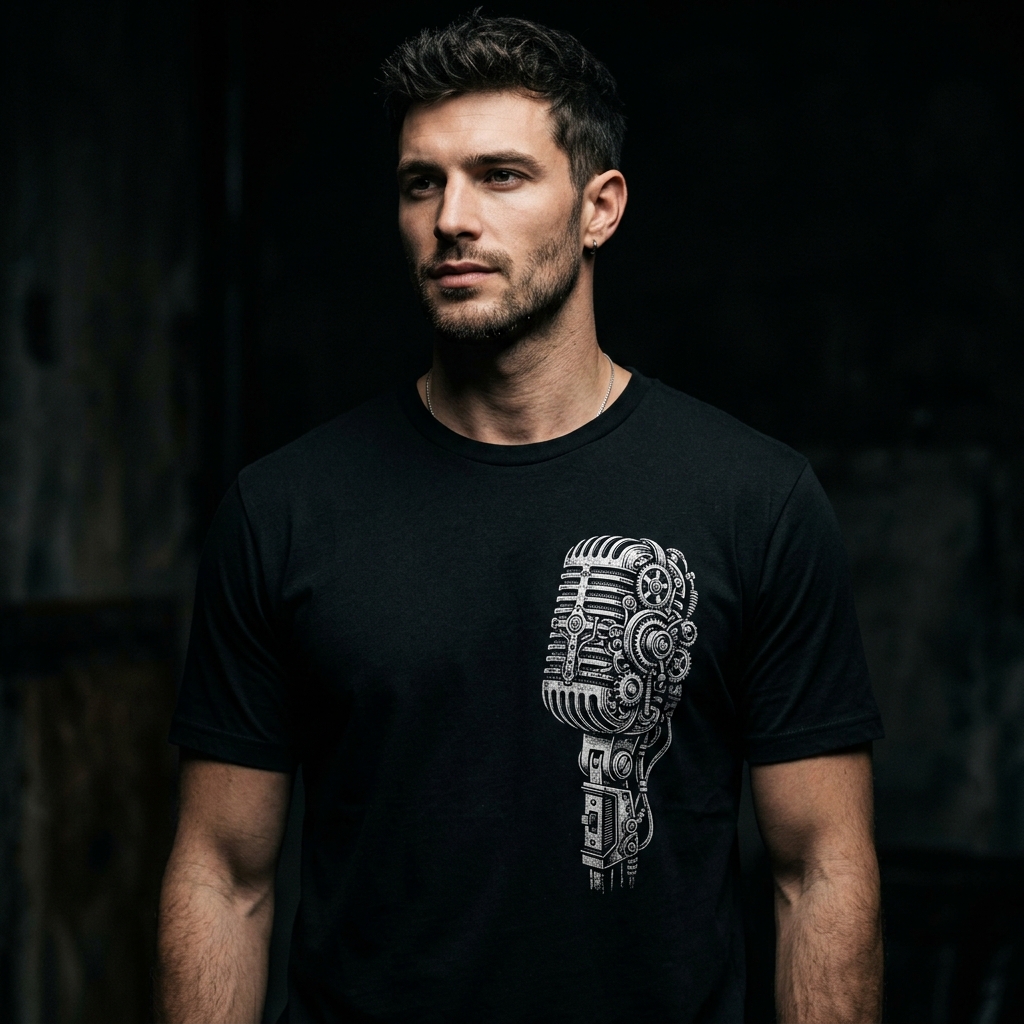 Model wearing Chamero Mechanical Microphone T-shirt
