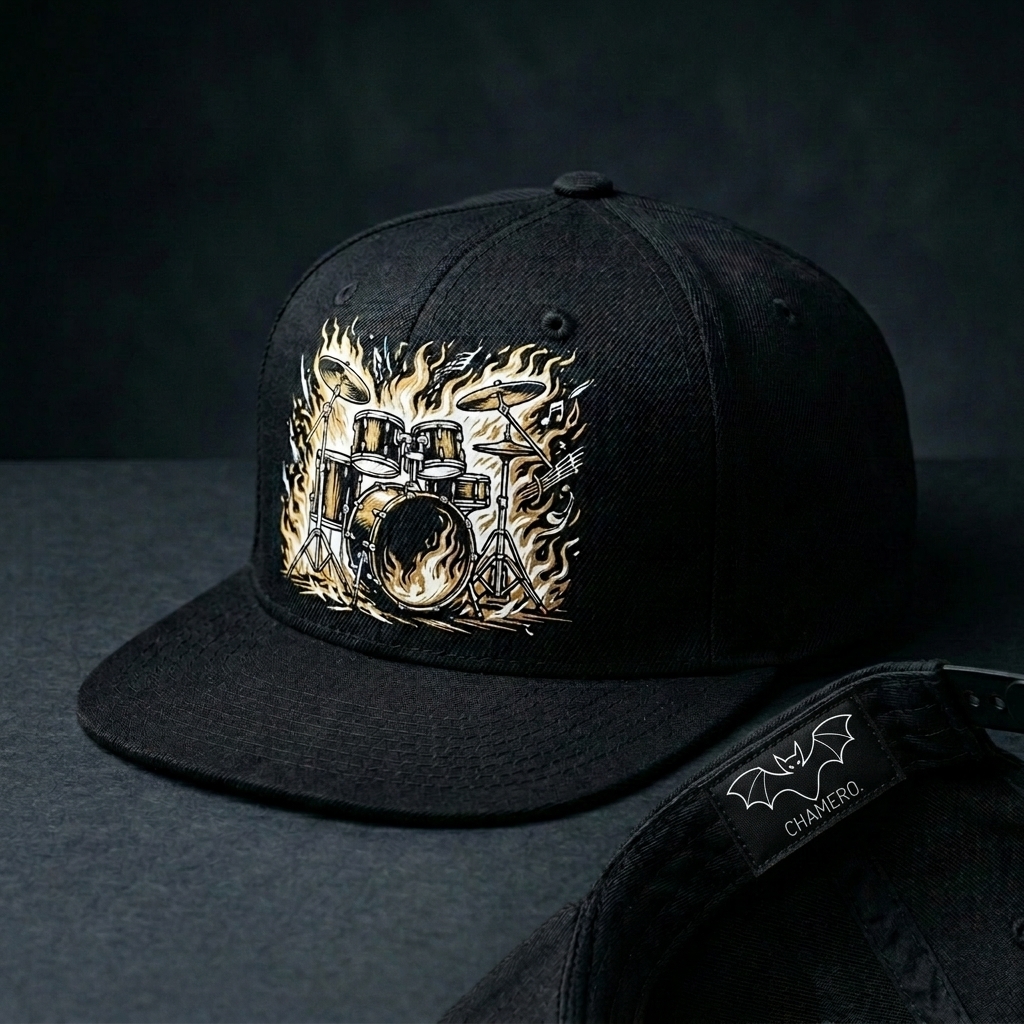 Chamero Flaming Drum Kit snapback cap — black with drum flames graphic