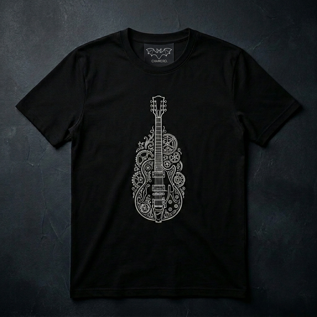 Chamero Vintage Guitar T-shirt — black with mechanical guitar illustration