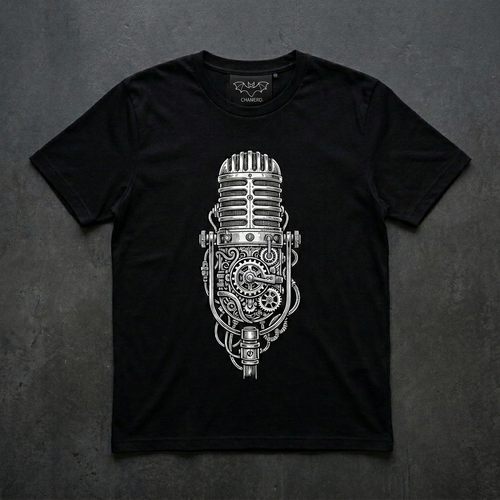 Chamero Mechanical Microphone T-shirt — black with steampunk microphone graphic