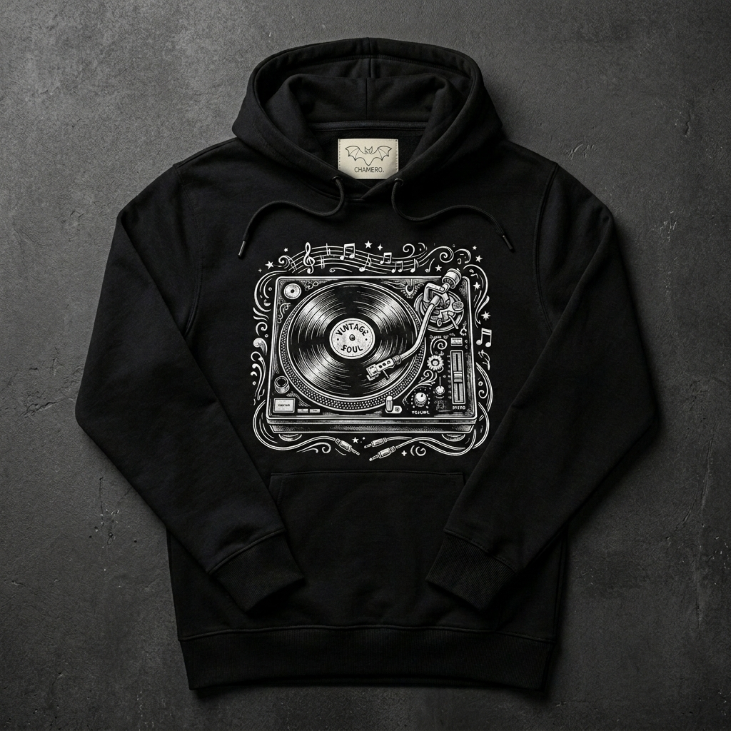 Chamero Vinyl Turntable hoodie — black with ornate record player illustration